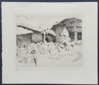 Gravure, église dans la néige, André Jacques