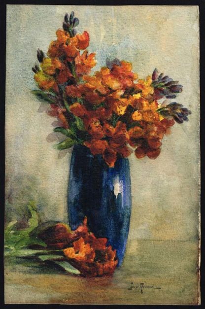 Louise Reynaud, aquarelle "Pivoines giroflées dans un vase bleu"