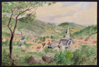 Aquarelle, village de vallée, signée Léon Fritsch, août 1946.