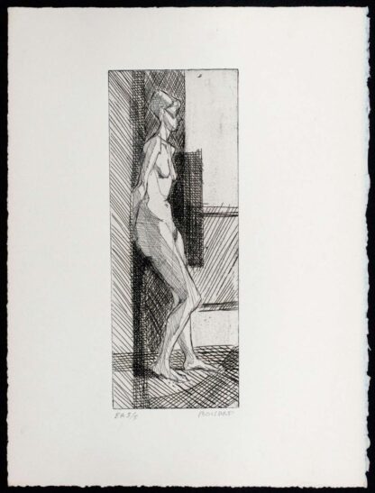 Gravure par Gérard Boisard d'une femme nue adossée
