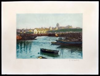 Gravure d'un port de village par Gustave Henri Marchetti