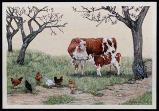 Aquarelle "à la campagne, vaches et poules" de Maria-Dominique Crapon de Caprona