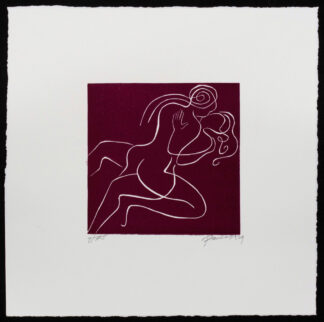 Linogravure d'un couple qui s'embrasse par Paula Cox