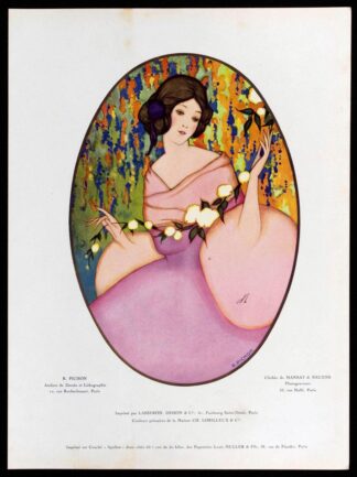 Publicité vintage 1922, femme à la robe rose de R. Pichon