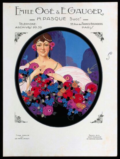 Publicité vintage 1922, femme aux fleurs d'Ogé et Gauger