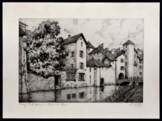 Gravure "Annecy vieilles maisons en bordure du Thiou" de Charles Nollet