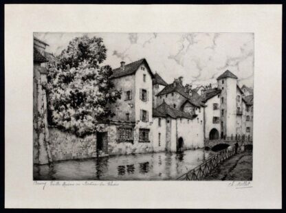 Gravure "Annecy vieilles maisons en bordure du Thiou" de Charles Nollet