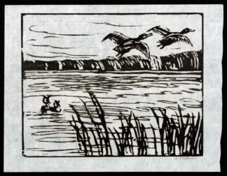 Une gravure sur bois de canards volants par Emil Pottner