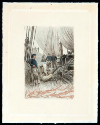 Gravure d'une scène de pêche par Edmond Rudaux