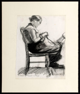 Dessin femme assise qui tricote de René Lecomte