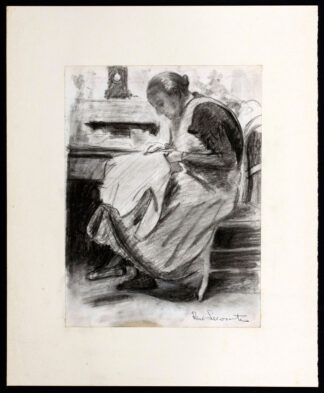 Dessin femme assise qui raccommode un habit de René Lecomte